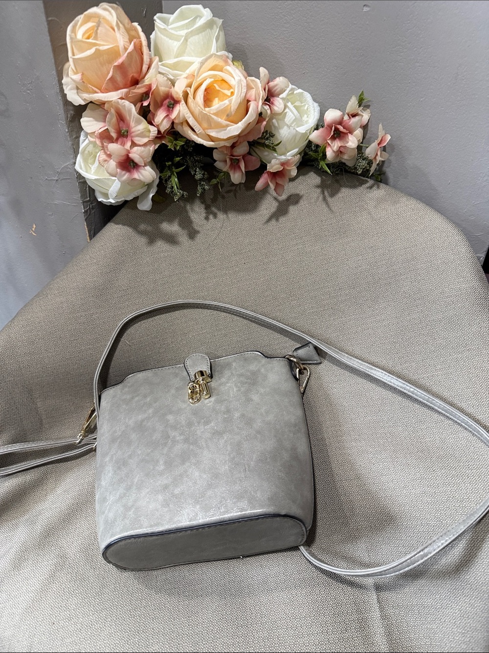 Gray Women's Crossbody Bag with Gold Accent